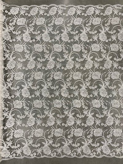 Dakota IVORY Polyester Corded Floral Embroidery on Mesh Lace Fabric by the Yard - 10043
