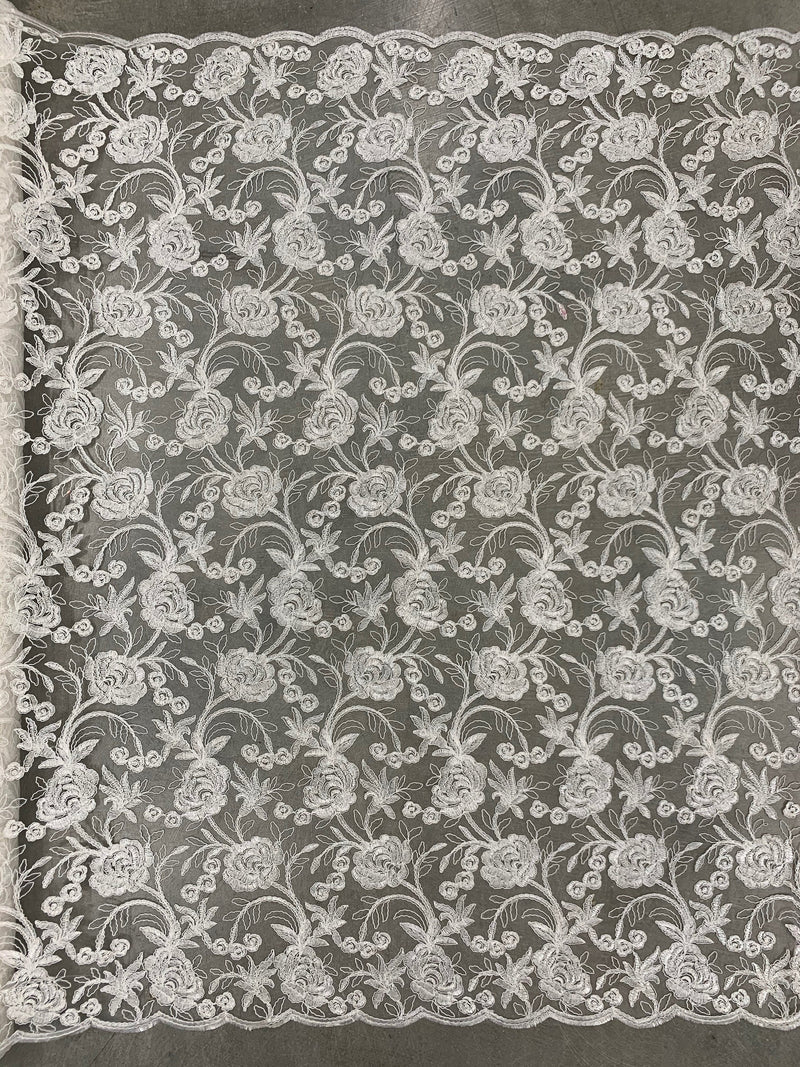 Dakota IVORY Polyester Corded Floral Embroidery on Mesh Lace Fabric by the Yard - 10043