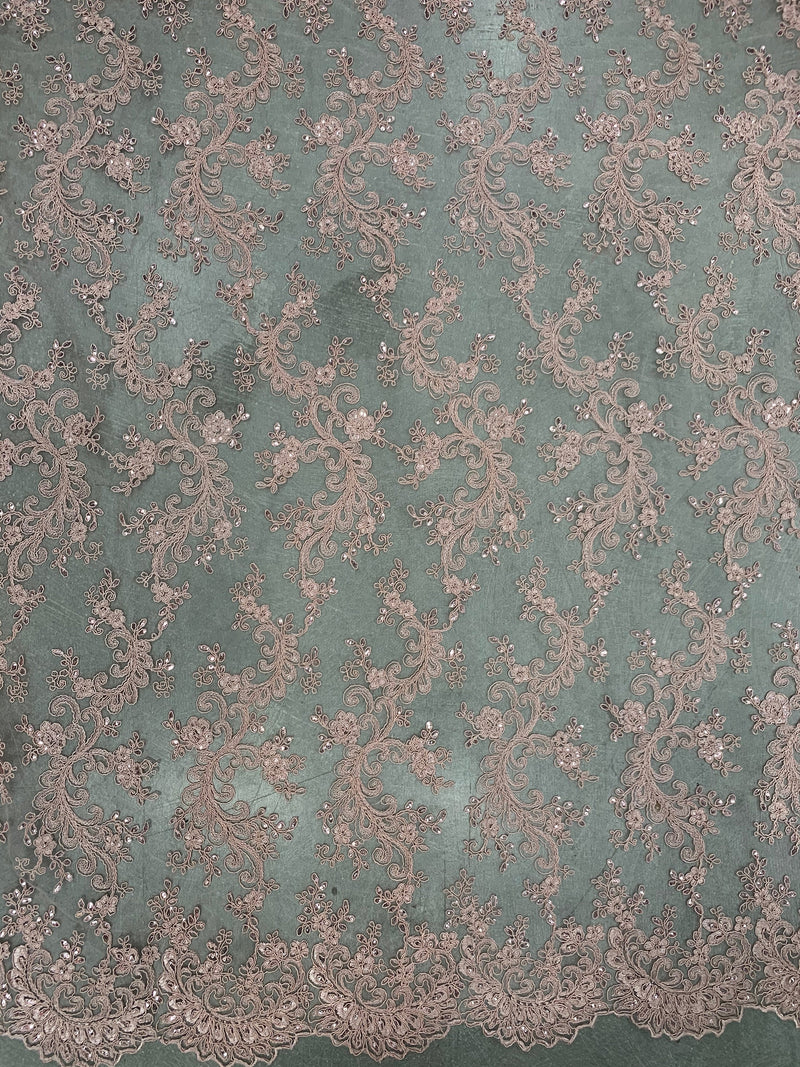 Melody OLD ROSE Polyester Floral Embroidery with Sequins on Mesh Lace Fabric by the Yard for Gown, Wedding, Bridesmaid, Prom - 10002