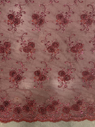 Ryleigh BURGUNDY 3D Floral Embroidery with Foil & Sequins on Mesh Lace Fabric by the Yard - 10010