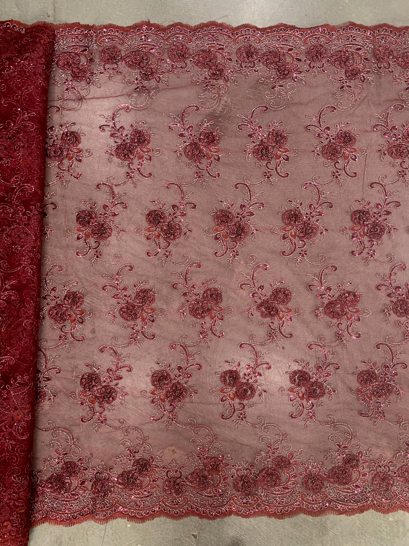 Ryleigh BURGUNDY 3D Floral Embroidery with Foil & Sequins on Mesh Lace Fabric by the Yard - 10010
