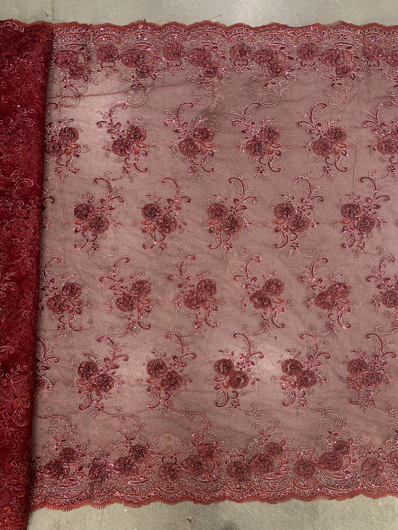 Ryleigh BURGUNDY 3D Floral Embroidery with Foil & Sequins on Mesh Lace Fabric by the Yard - 10010