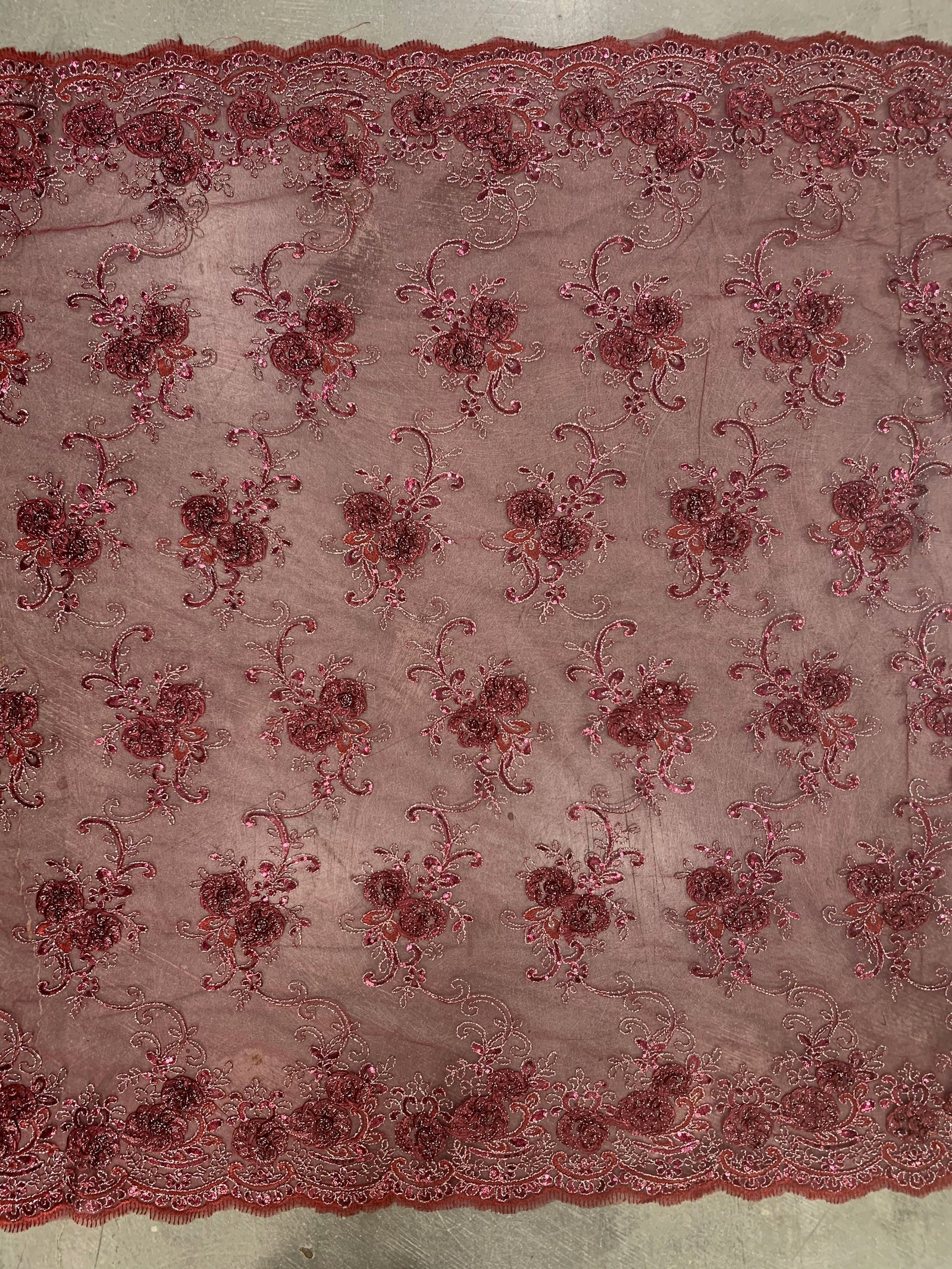 Ryleigh BURGUNDY 3D Floral Embroidery with Foil & Sequins on Mesh Lace Fabric by the Yard - 10010