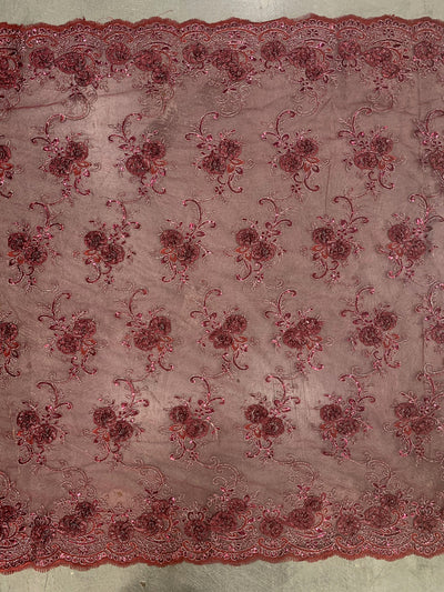Ryleigh BURGUNDY 3D Floral Embroidery with Foil & Sequins on Mesh Lace Fabric by the Yard - 10010