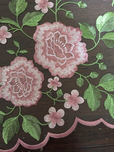 Iris PINK Floral and Leaves Embroidery on Mesh Lace Fabric by the Yard - 10006