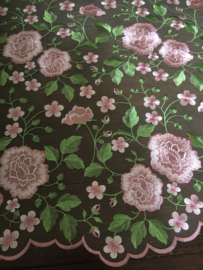 Iris PINK Floral and Leaves Embroidery on Mesh Lace Fabric by the Yard - 10006