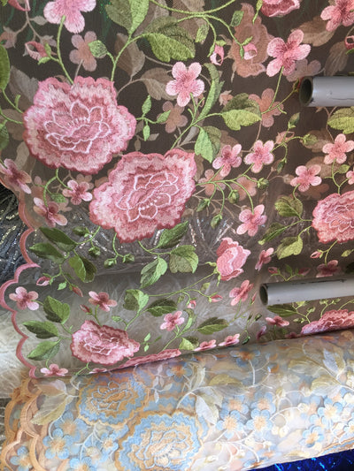 Iris PINK Floral and Leaves Embroidery on Mesh Lace Fabric by the Yard - 10006