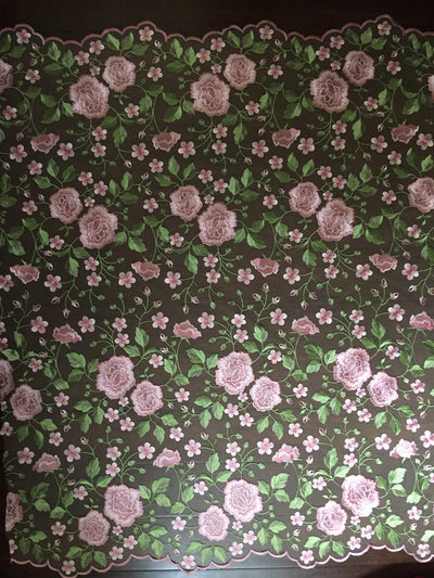 Iris PINK Floral and Leaves Embroidery on Mesh Lace Fabric by the Yard - 10006