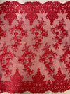 Teagan BURGUNDY Damask Design Embroidered on Mesh Lace Fabric by the Yard - 10027