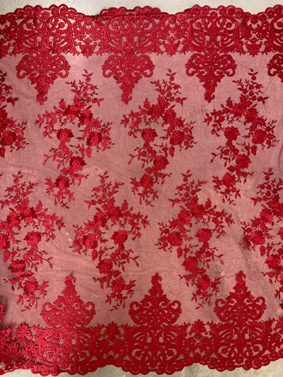 Teagan BURGUNDY Damask Design Embroidered on Mesh Lace Fabric by the Yard - 10027