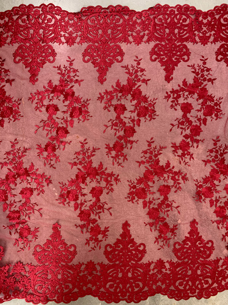 Teagan BURGUNDY Damask Design Embroidered on Mesh Lace Fabric by the Yard - 10027