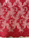 Teagan BURGUNDY Damask Design Embroidered on Mesh Lace Fabric by the Yard - 10027