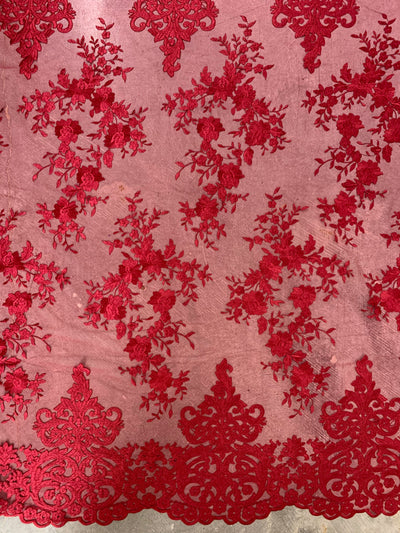 Teagan BURGUNDY Damask Design Embroidered on Mesh Lace Fabric by the Yard - 10027