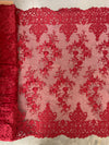 Teagan BURGUNDY Damask Design Embroidered on Mesh Lace Fabric by the Yard - 10027