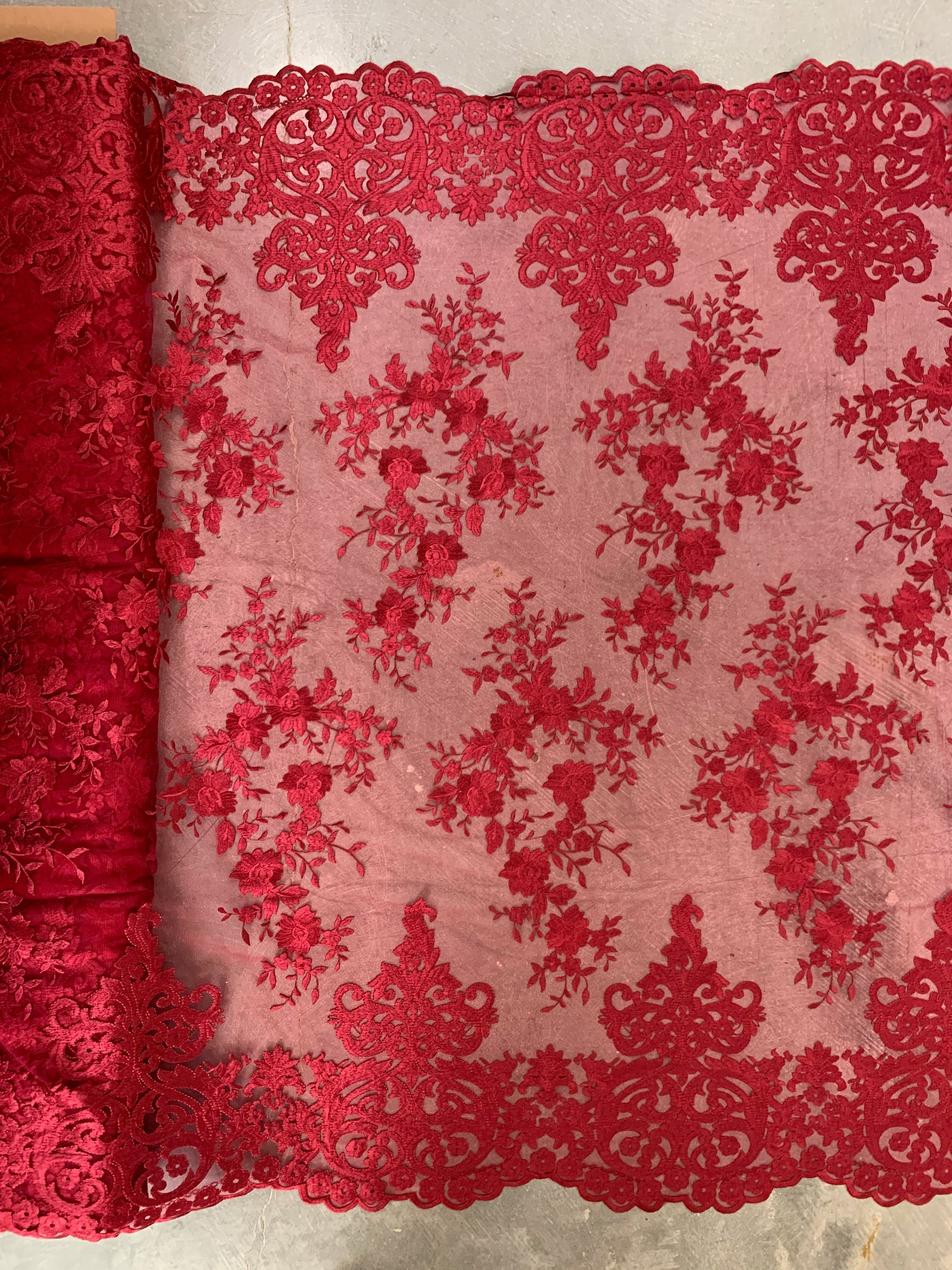 Teagan BURGUNDY Damask Design Embroidered on Mesh Lace Fabric by the Yard - 10027