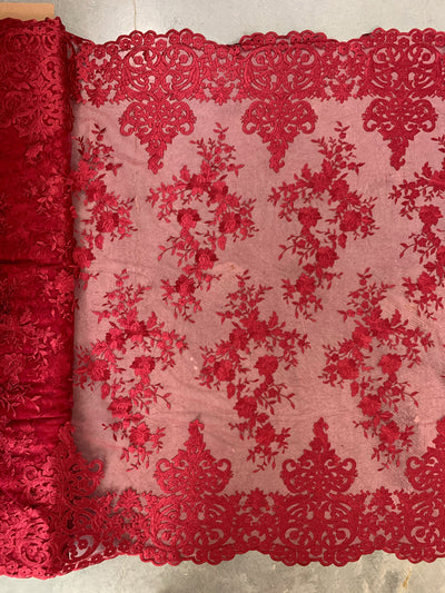 Teagan BURGUNDY Damask Design Embroidered on Mesh Lace Fabric by the Yard - 10027