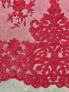Teagan BURGUNDY Damask Design Embroidered on Mesh Lace Fabric by the Yard - 10027