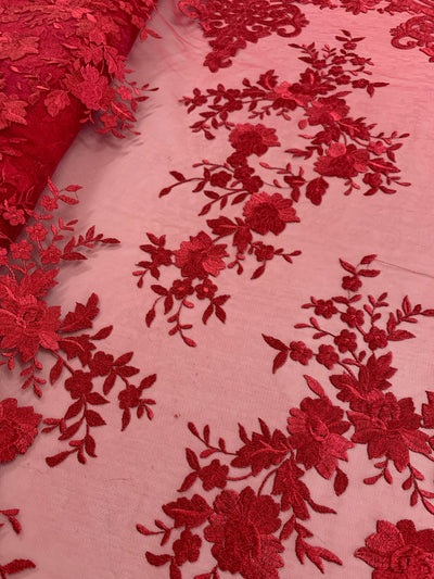 Teagan BURGUNDY Damask Design Embroidered on Mesh Lace Fabric by the Yard - 10027