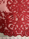 Teagan BURGUNDY Damask Design Embroidered on Mesh Lace Fabric by the Yard - 10027