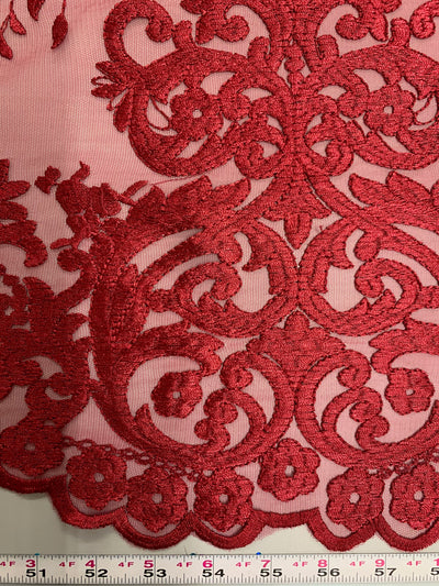 Teagan BURGUNDY Damask Design Embroidered on Mesh Lace Fabric by the Yard - 10027