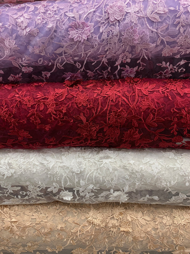 Cassandra Polyester 3D Floral Embroidery on Mesh Lace Fabric by the Yard - 10208