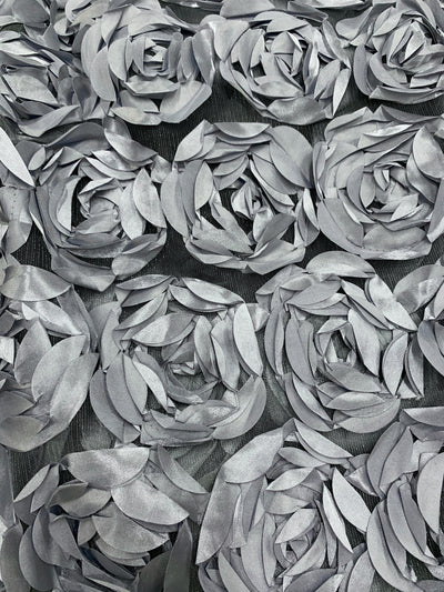 Maci GREY 3D Floral Polyester Satin Rosette on Mesh Fabric by the Yard - 10057