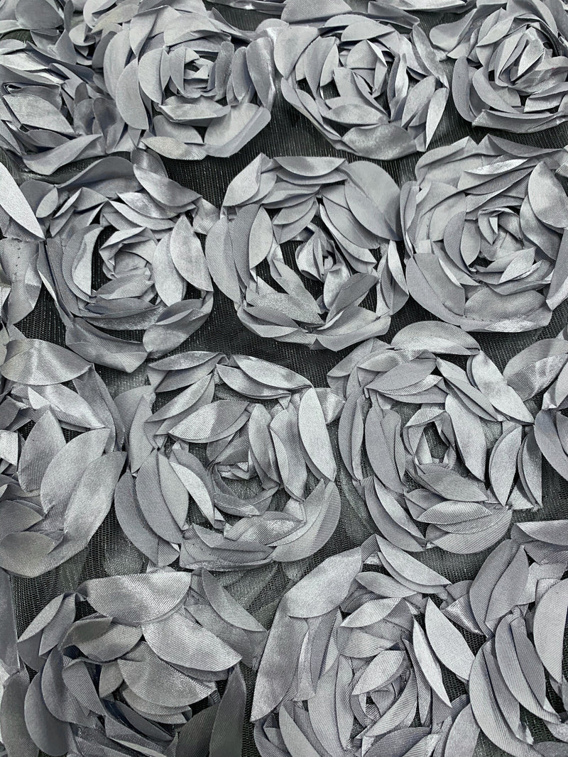 Maci GREY 3D Floral Polyester Satin Rosette on Mesh Fabric by the Yard - 10057