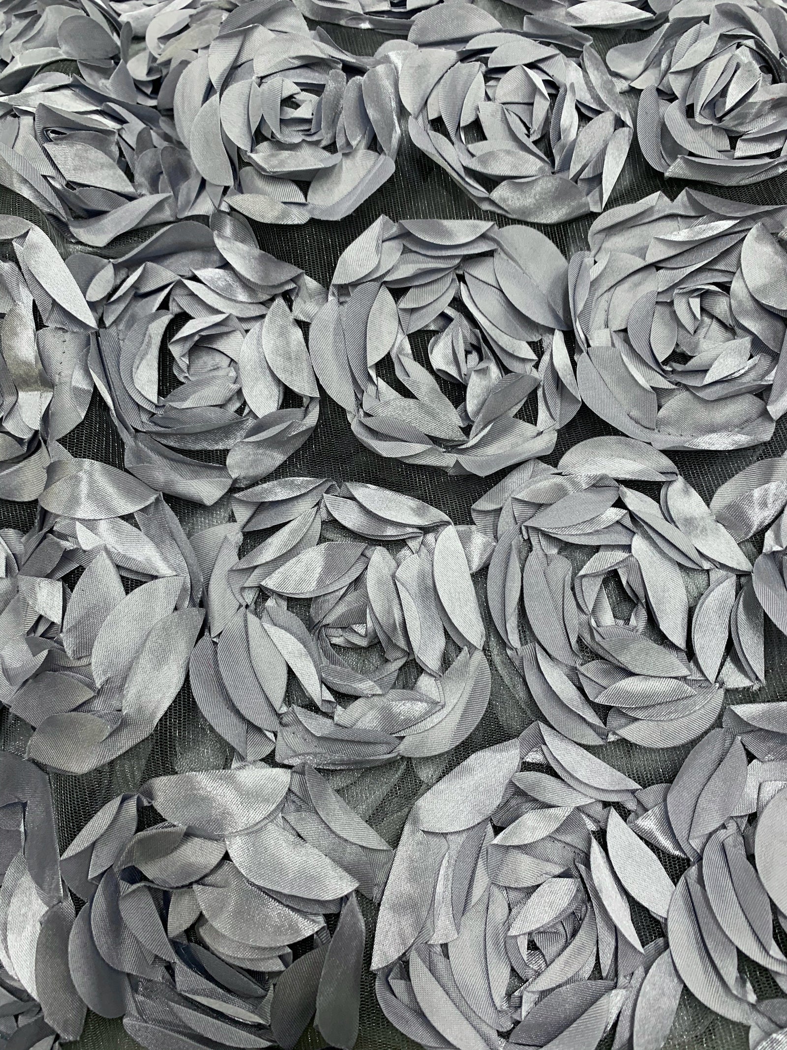 Maci GREY 3D Floral Polyester Satin Rosette on Mesh Fabric by the Yard - 10057