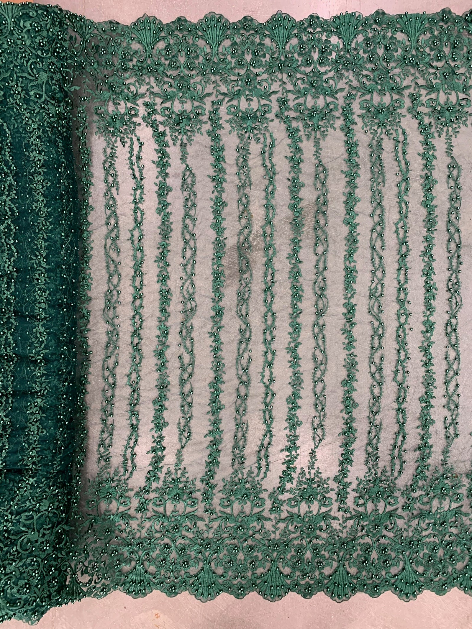 Daphne HUNTER GREEN Faux Pearls Beaded Flowers and Vines Lace Embroidery on Mesh Fabric by the Yard - 10103