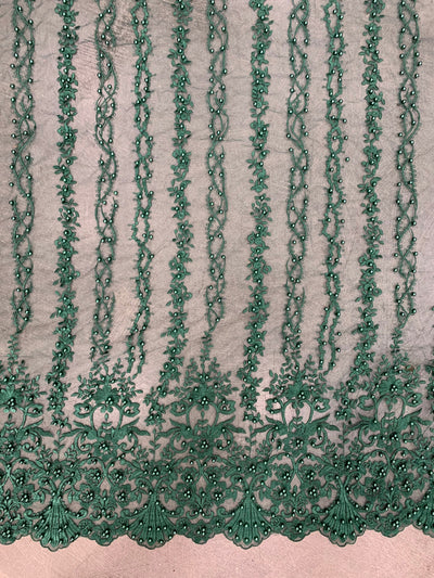 Daphne HUNTER GREEN Faux Pearls Beaded Flowers and Vines Lace Embroidery on Mesh Fabric by the Yard - 10103
