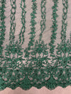 Daphne HUNTER GREEN Faux Pearls Beaded Flowers and Vines Lace Embroidery on Mesh Fabric by the Yard - 10103