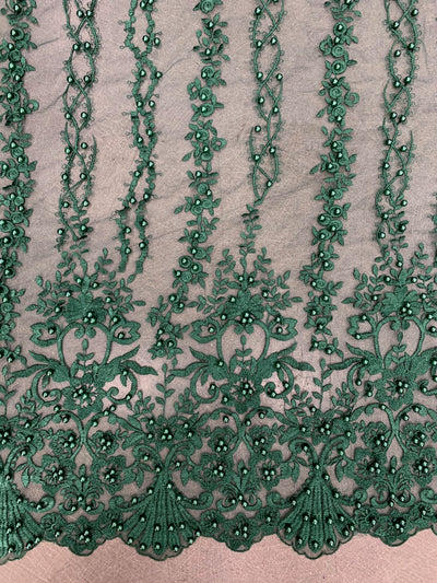 Daphne HUNTER GREEN Faux Pearls Beaded Flowers and Vines Lace Embroidery on Mesh Fabric by the Yard - 10103