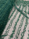 Daphne HUNTER GREEN Faux Pearls Beaded Flowers and Vines Lace Embroidery on Mesh Fabric by the Yard - 10103