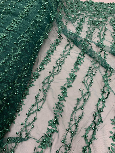 Daphne HUNTER GREEN Faux Pearls Beaded Flowers and Vines Lace Embroidery on Mesh Fabric by the Yard - 10103