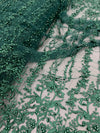 Daphne HUNTER GREEN Faux Pearls Beaded Flowers and Vines Lace Embroidery on Mesh Fabric by the Yard - 10103