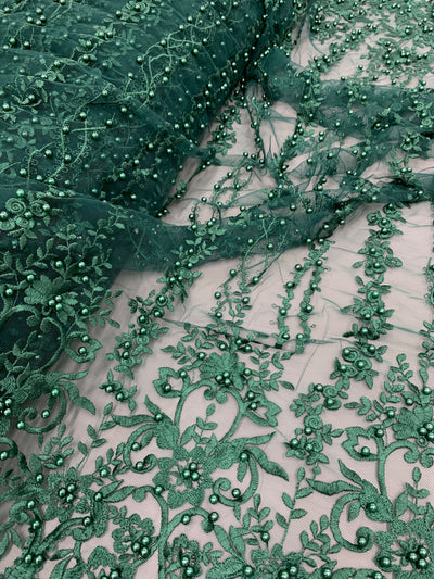 Daphne HUNTER GREEN Faux Pearls Beaded Flowers and Vines Lace Embroidery on Mesh Fabric by the Yard - 10103