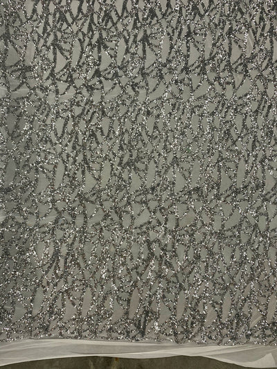 Celeste SILVER Sequins on WHITE Mesh Lace Fabric by the Yard - 10134