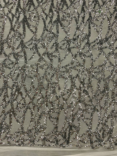 Celeste SILVER Sequins on WHITE Mesh Lace Fabric by the Yard - 10134