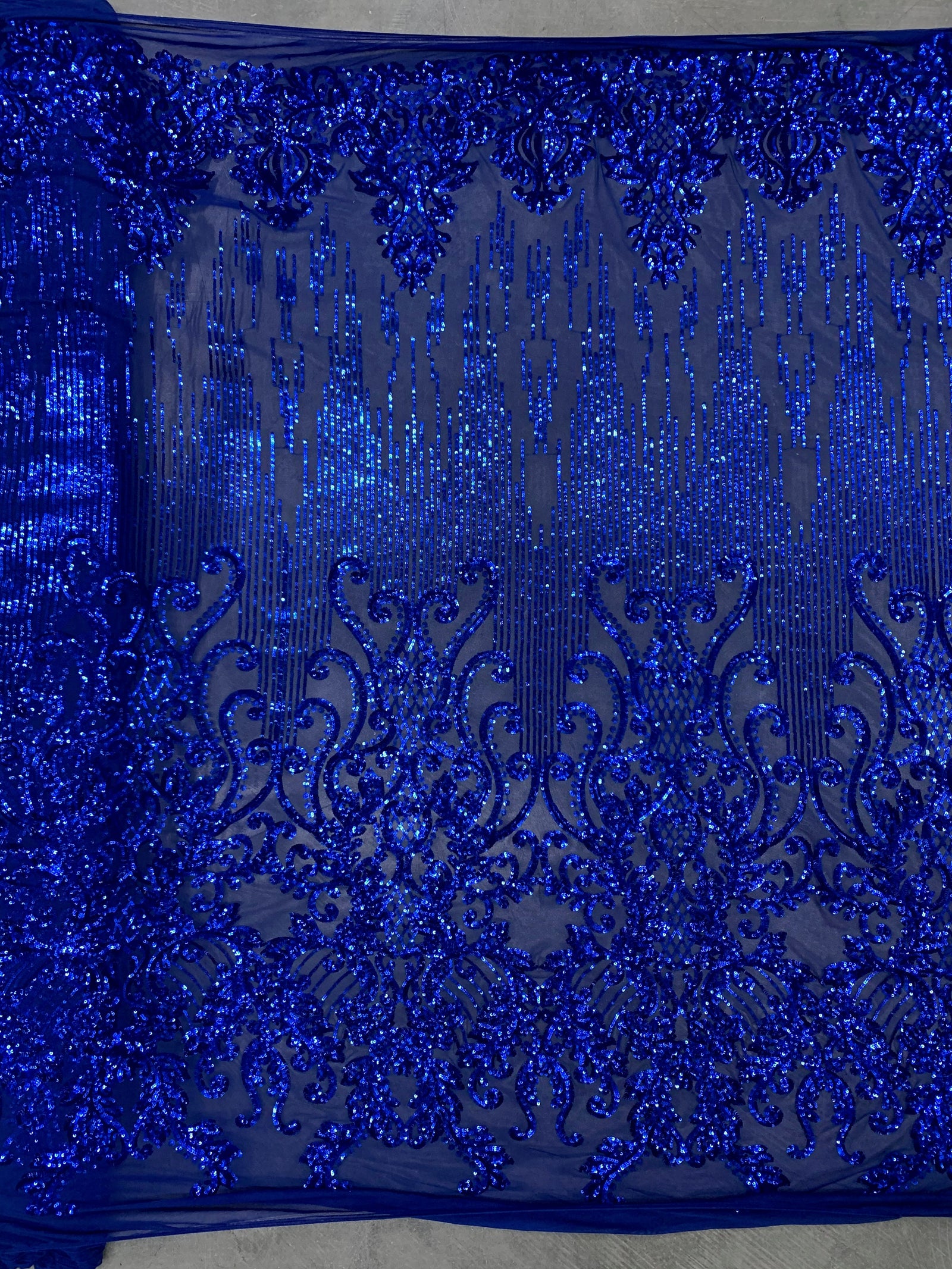 Angelica ROYAL BLUE Curlicues and Leaves Sequins on Mesh Lace Fabric by the Yard - 10132