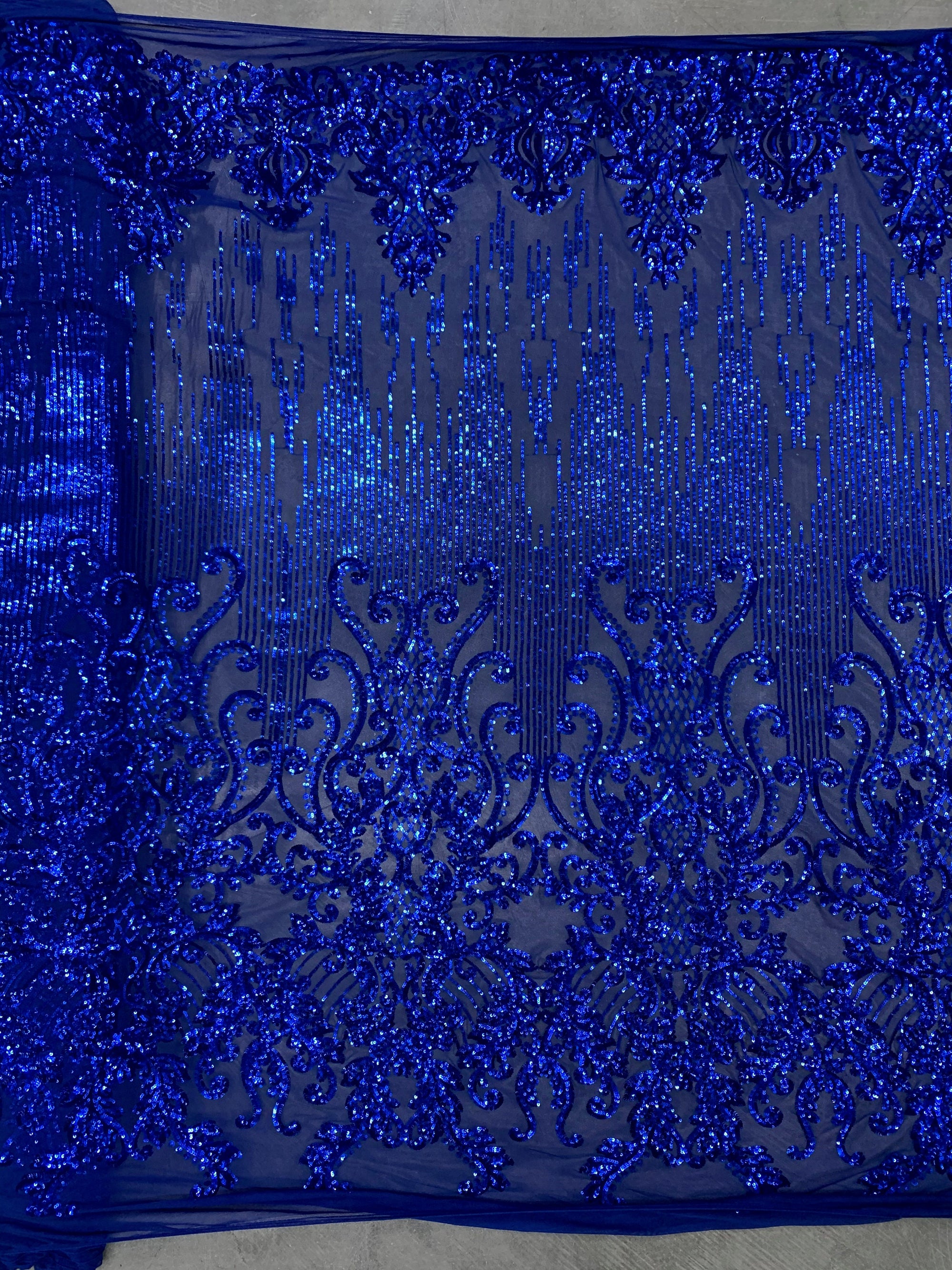 Angelica ROYAL BLUE Curlicues and Leaves Sequins on Mesh Lace Fabric by the Yard - 10132