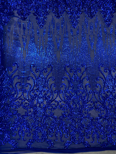 Angelica ROYAL BLUE Curlicues and Leaves Sequins on Mesh Lace Fabric by the Yard - 10132