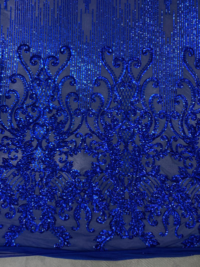 Angelica ROYAL BLUE Curlicues and Leaves Sequins on Mesh Lace Fabric by the Yard - 10132