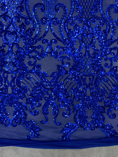 Angelica ROYAL BLUE Curlicues and Leaves Sequins on Mesh Lace Fabric by the Yard - 10132