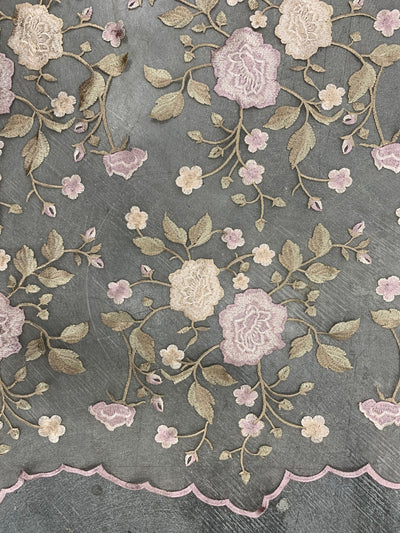 Iris DUSTY PINK CHAMPAGNE Floral and Leaves Embroidery on Mesh Lace Fabric by the Yard - 10006
