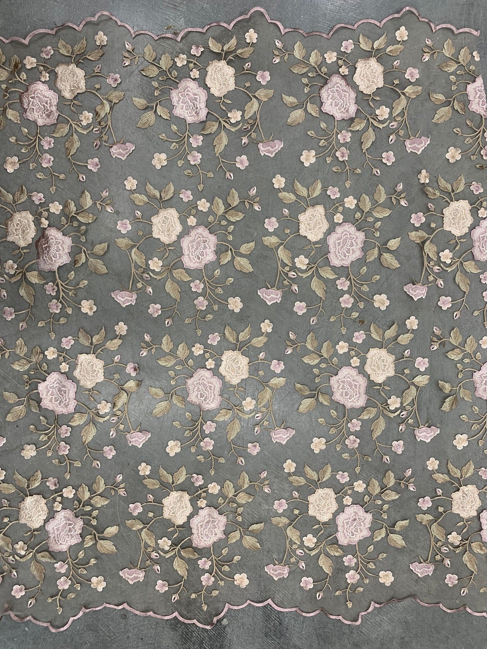 Iris DUSTY PINK CHAMPAGNE Floral and Leaves Embroidery on Mesh Lace Fabric by the Yard - 10006