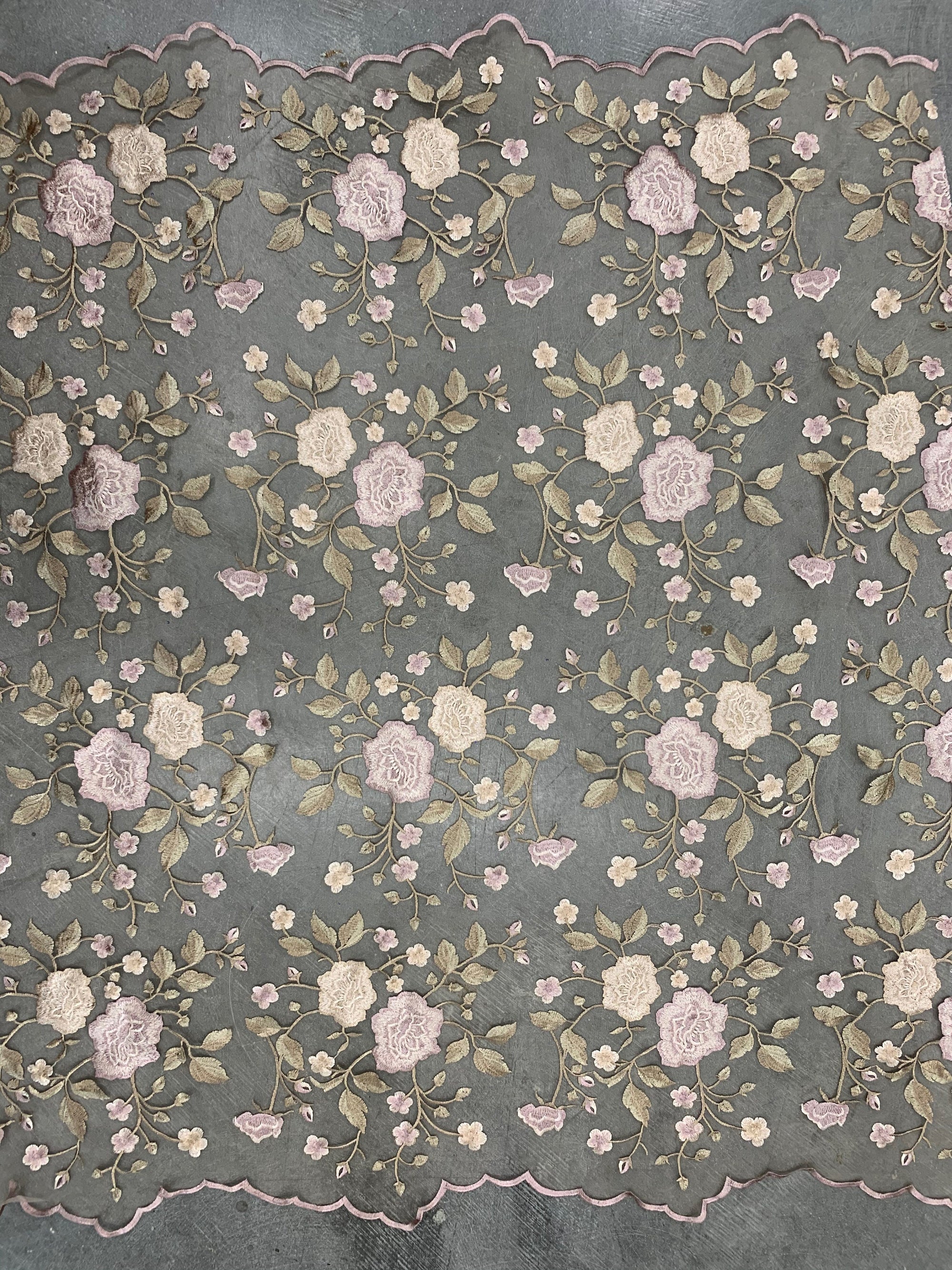 Iris DUSTY PINK CHAMPAGNE Floral and Leaves Embroidery on Mesh Lace Fabric by the Yard - 10006