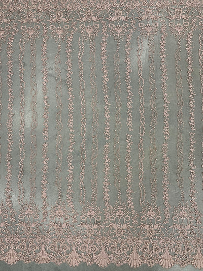 Daphne DUSTY ROSE Faux Pearls Beaded Flowers and Vines Lace Embroidery on Mesh Fabric by the Yard - 10103