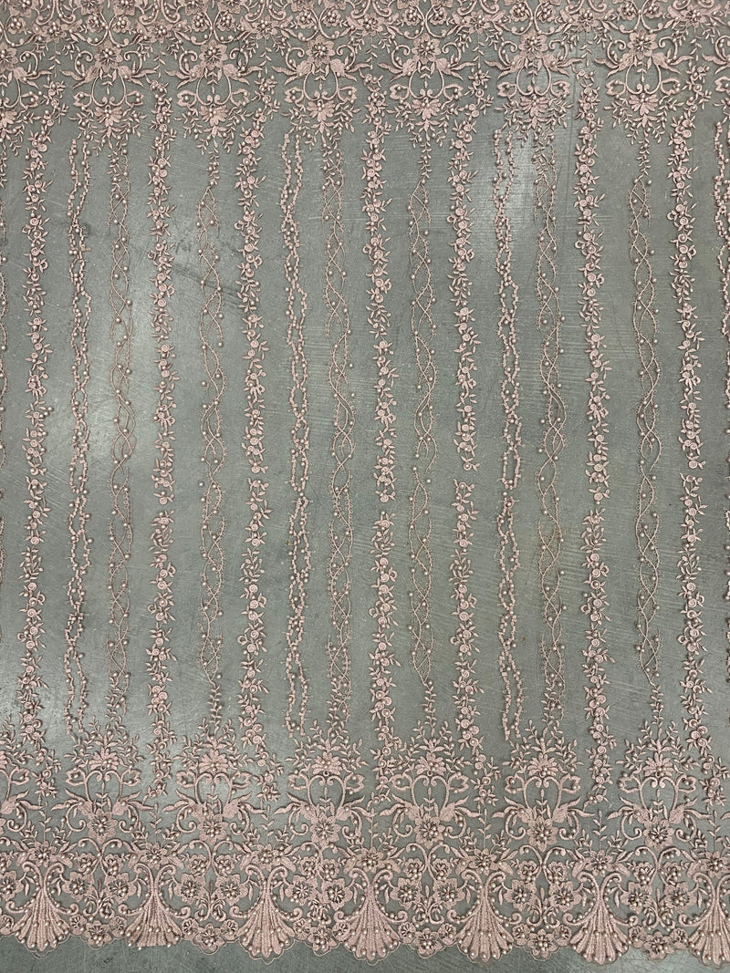 Daphne DUSTY ROSE Faux Pearls Beaded Flowers and Vines Lace Embroidery on Mesh Fabric by the Yard - 10103