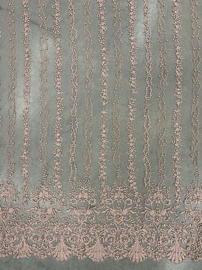 Daphne DUSTY ROSE Faux Pearls Beaded Flowers and Vines Lace Embroidery on Mesh Fabric by the Yard - 10103