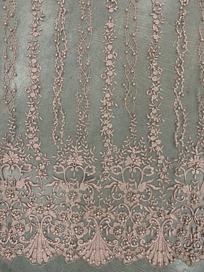 Daphne DUSTY ROSE Faux Pearls Beaded Flowers and Vines Lace Embroidery on Mesh Fabric by the Yard - 10103